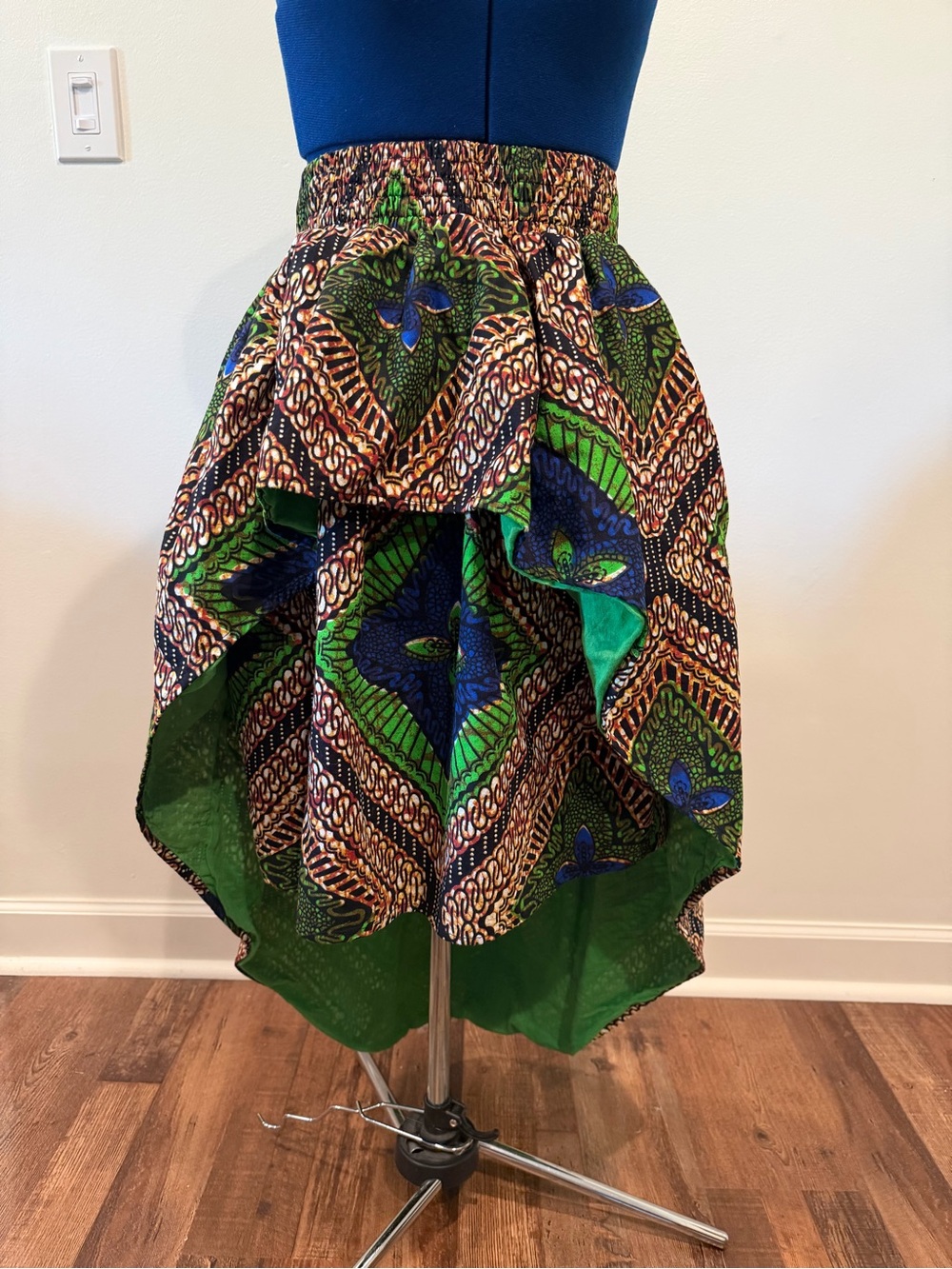 Advanced Apparels Cotton High-Low African Print Midi Skirt in Green and Blue